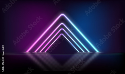 Triangle neon glowing gate on dark background. Template for design
