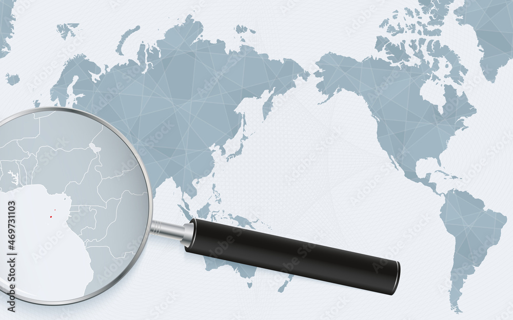 Fototapeta premium Asia centered world map with magnified glass on Sao Tome and Principe. Focus on map of Sao Tome and Principe on Pacific-centric World Map.
