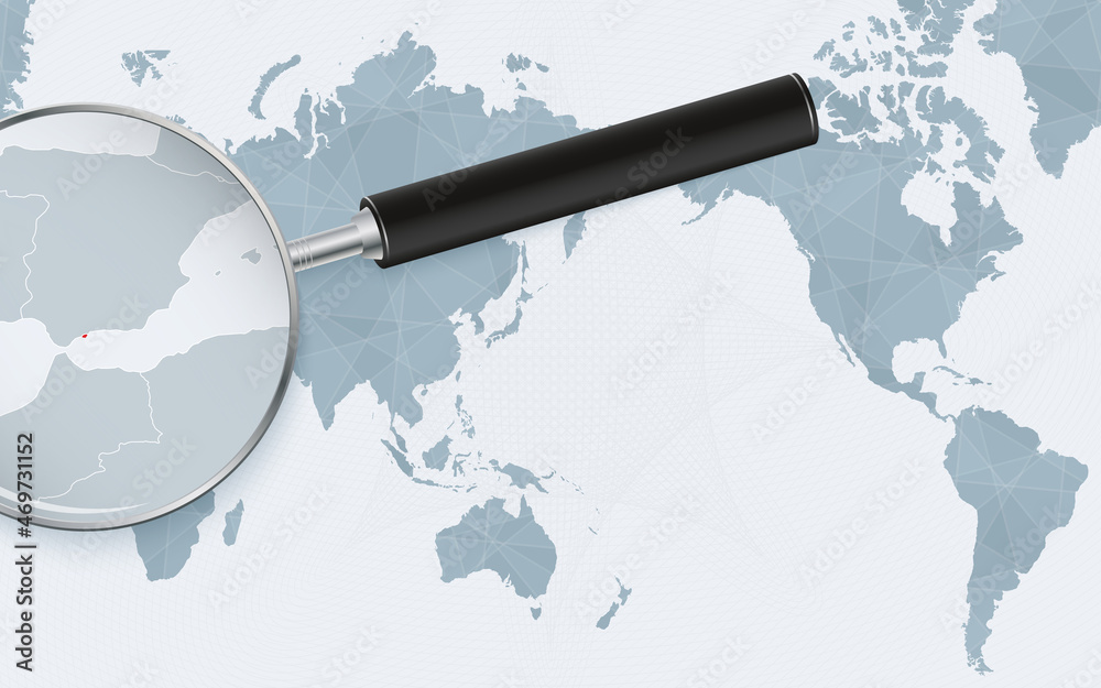 Asia centered world map with magnified glass on Gibraltar. Focus on map ...