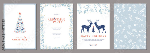 Corporate Holiday cards with Christmas tree, reindeers, bird, decorative floral frames, background and copy space. Universal artistic templates.