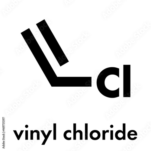 Vinyl chloride, polyvinyl chloride (PVC) plastic building block. Skeletal formula.