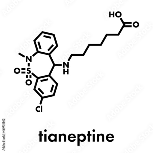 Tianeptine antidepressant drug molecule. Skeletal formula.