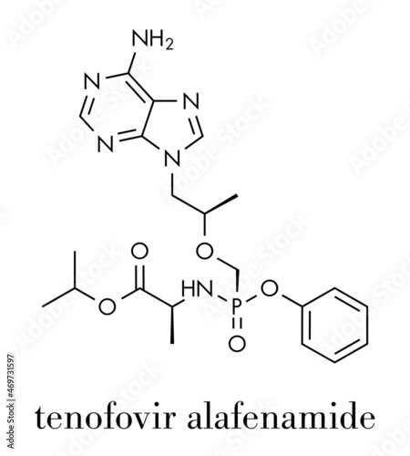 Tenofovir alafenamide antiviral drug molecule (prodrug of tenofovir). Skeletal formula. photo
