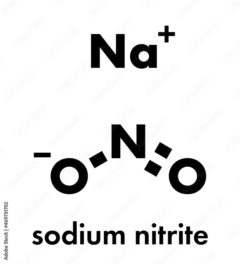 Sodium nitrite, chemical structure. Used as drug, food additive (E250), etc. Skeletal formula. Sodium nitrite, chemical structure. Used as drug, food additive (E250), etc. Skeletal formula.