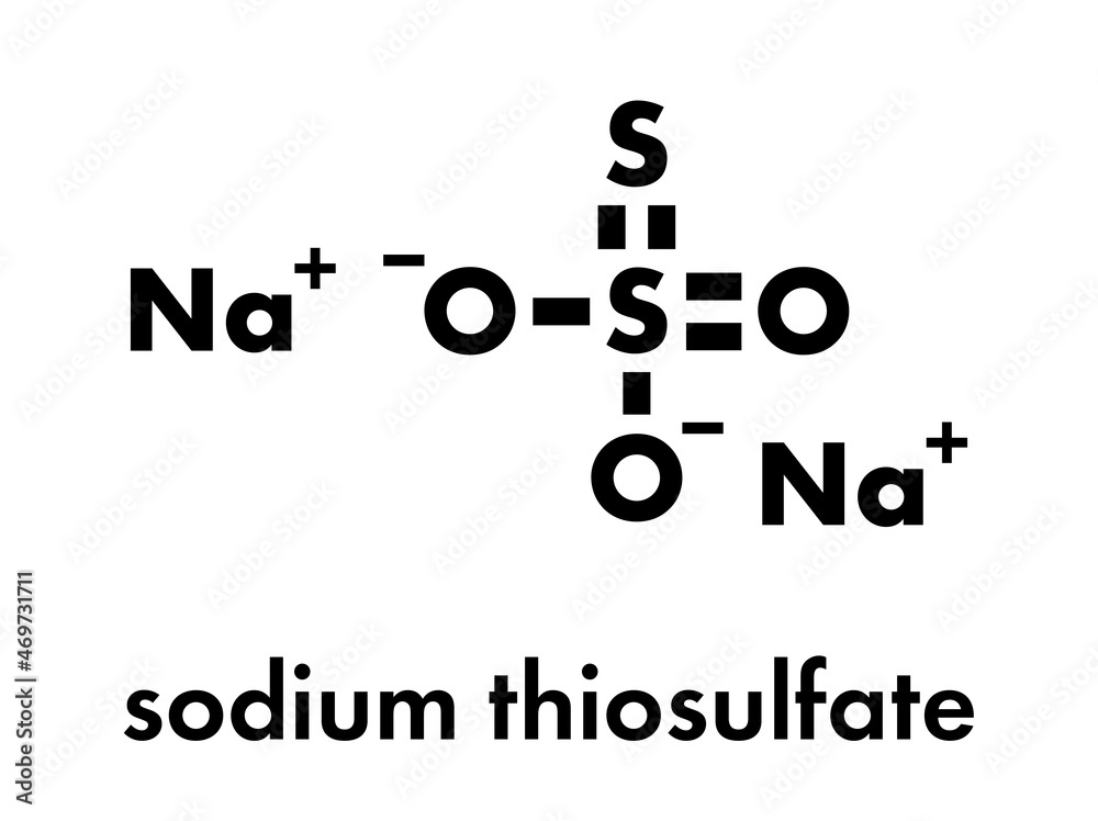 Sodium thiosulfate, chemical structure. Skeletal formula. Sodium thiosulfate, chemical structure. Skeletal formula.