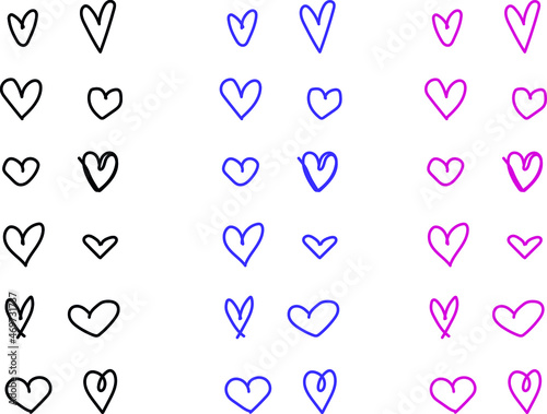 sets of vector graphic hearts in different colours for icons, decor