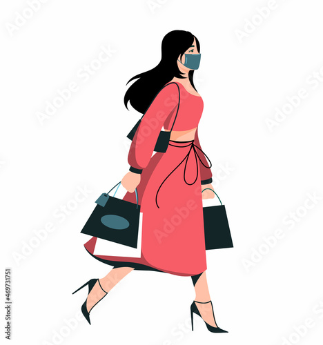 A stylish girl in a protective mask with shopping. Measures against coronavirus. Isolated character on a white background.