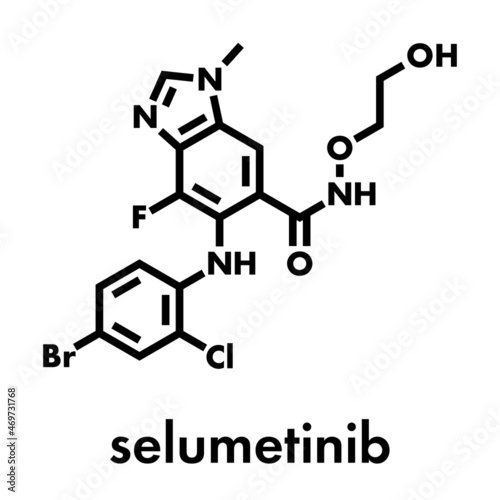 Selumetinib cancer drug molecule (MEK1 and MEK2 inhibitor). Skeletal formula.
