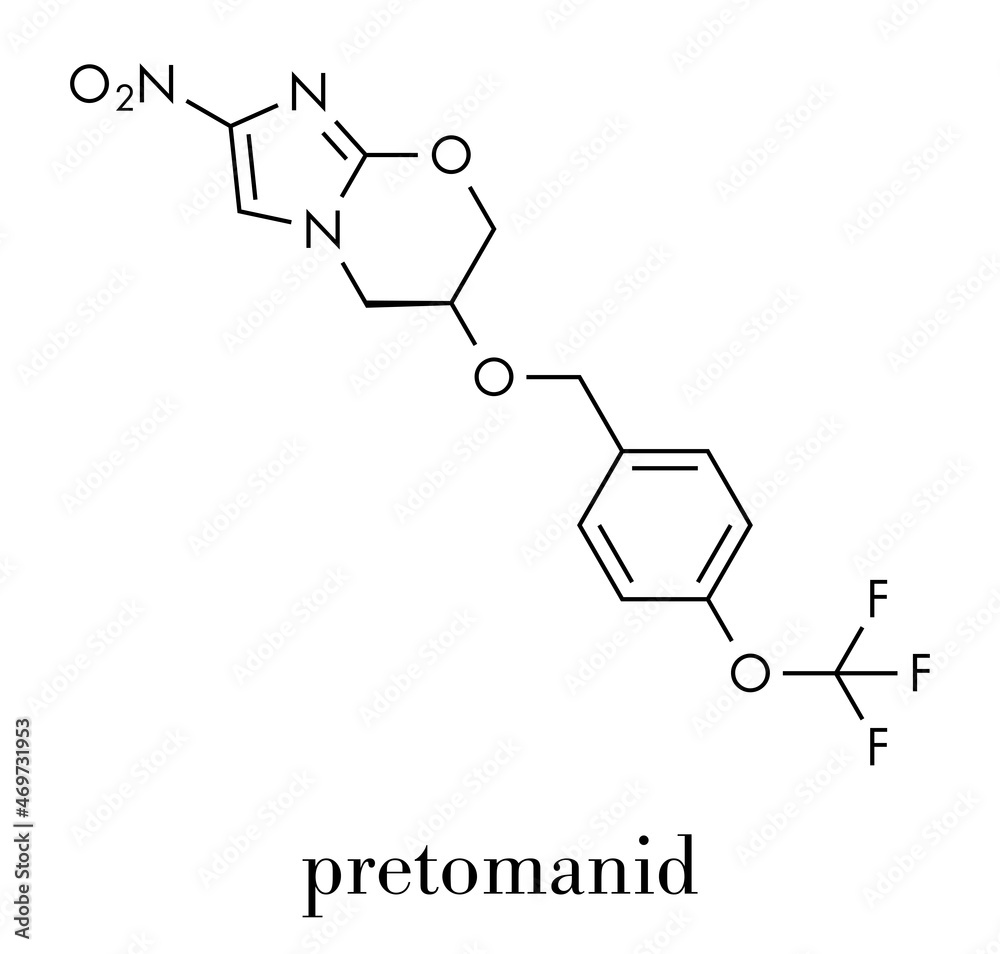 Pretomanid tuberculosis drug molecule. Skeletal formula.