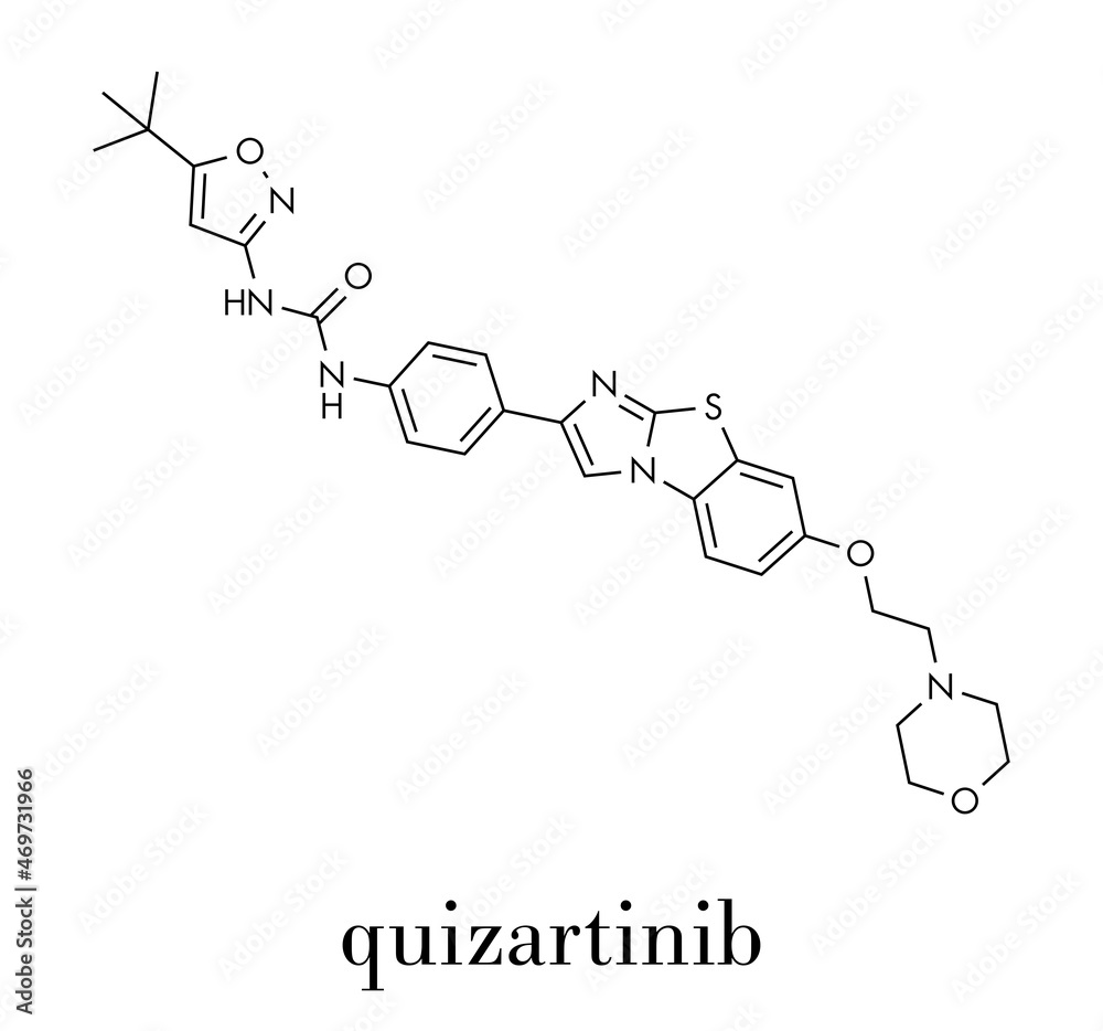 Quizartinib cancer drug molecule (kinase inhibitor). Skeletal formula. Quizartinib cancer drug molecule (kinase inhibitor). Skeletal formula.