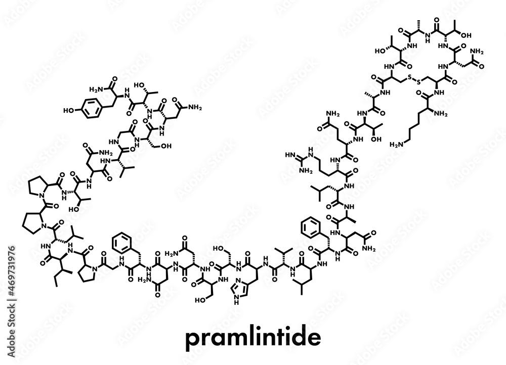 Pramlintide diabetes drug molecule. Analog of amylin or islet amyloid polypeptide (IAPP). Skeletal formula. Pramlintide diabetes drug molecule. Analog of amylin or islet amyloid polypeptide (IAPP). Skeletal formula.