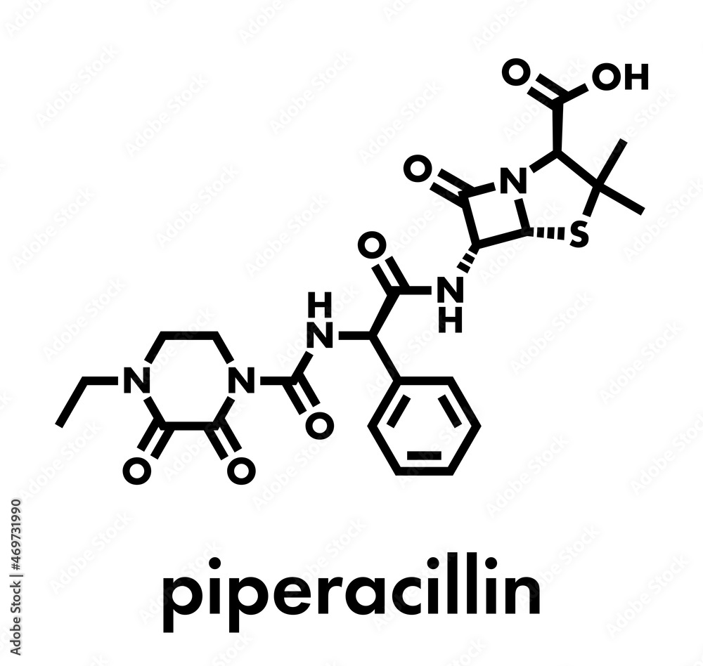 Piperacillin antibiotic drug molecule. Skeletal formula.