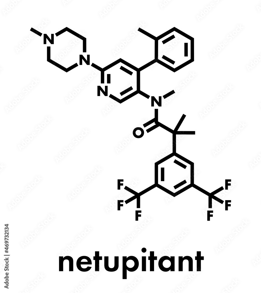 Netupitant drug molecule. NK1 receptor antagonist, used in combination for the prevention of nausea and vomiting induced by chemotherapy. Skeletal formula.