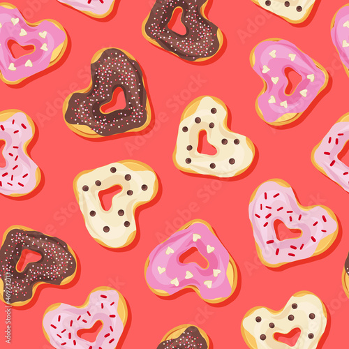 Donut vector seamless pattern. Romantic bakery treats surface design. Valentines day desserts background.
