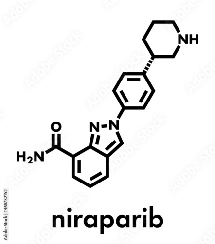 Niraparib cancer drug molecule (PARP inhibitor). Skeletal formula.