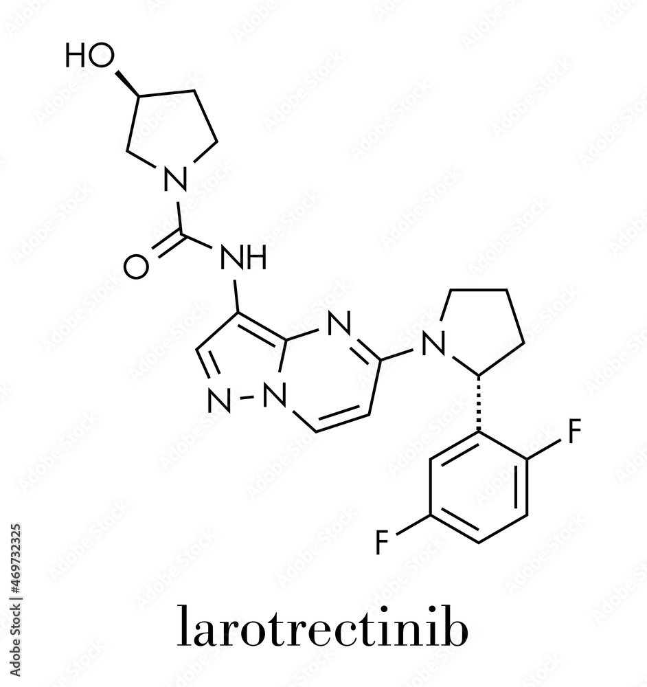 Larotrectinib cancer drug molecule. Skeletal formula.