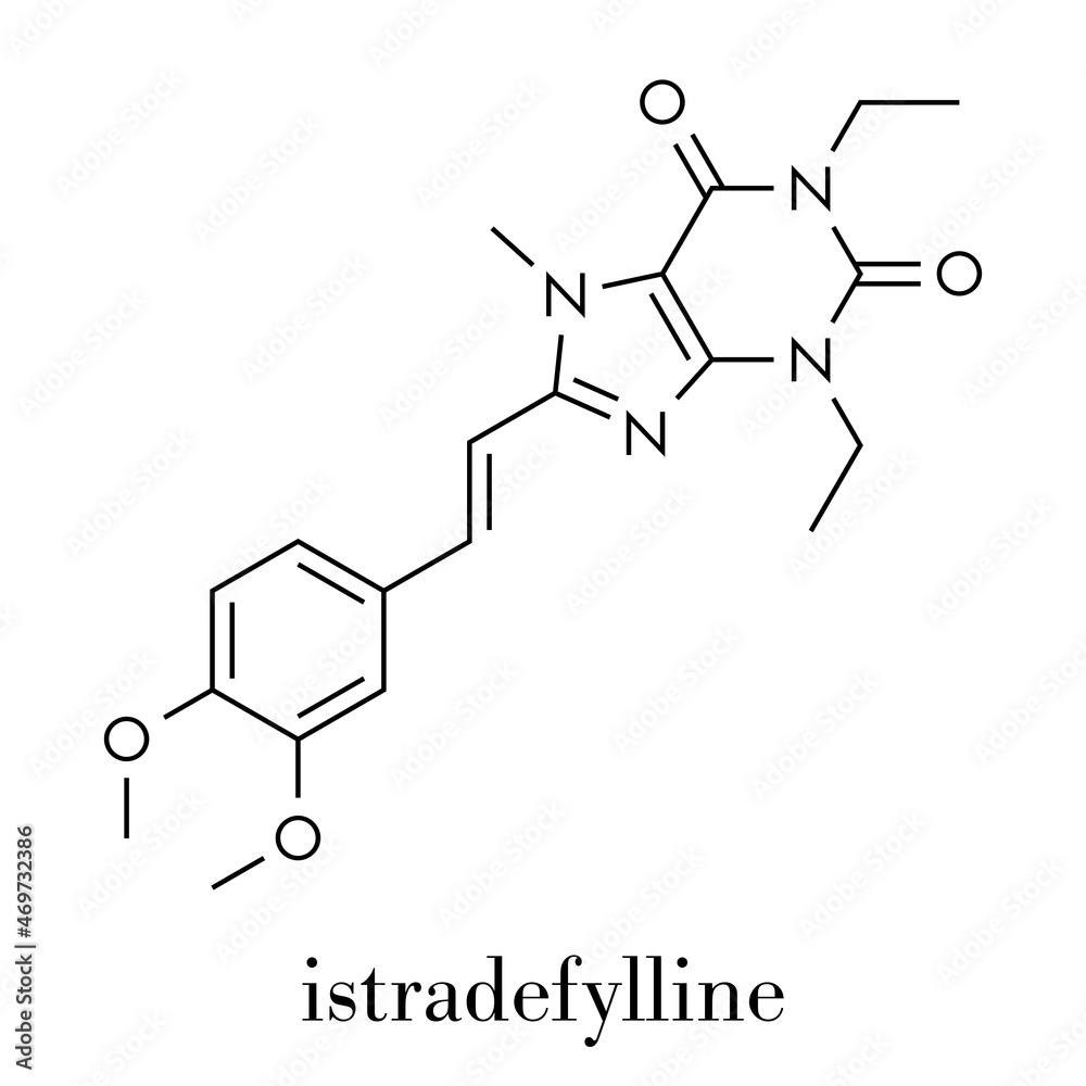 Istradefylline Parkinson's disease drug molecule. Skeletal formula. Istradefylline Parkinson's disease drug molecule. Skeletal formula.