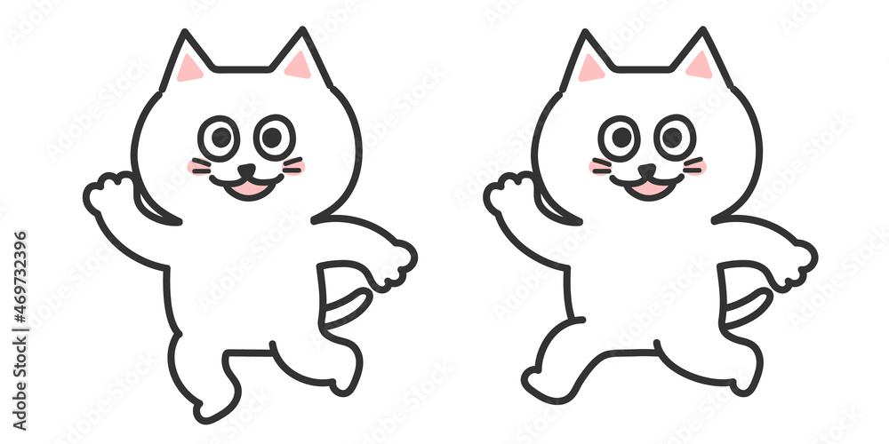 Set of white cat waving his hand with delight. Vector illustration isolated on white background.