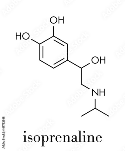 Isoprenaline (isoproterenol) drug molecule. Used in treatment of bradycardia, heart block and asthma. Skeletal formula. photo