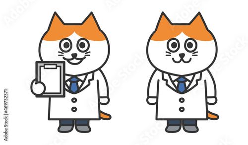 Set of red tabby and white cat wearing laboratory coat. Vector illustration isolated on white background.