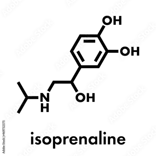 Isoprenaline (isoproterenol) drug molecule. Used in treatment of bradycardia, heart block and asthma. Skeletal formula. photo