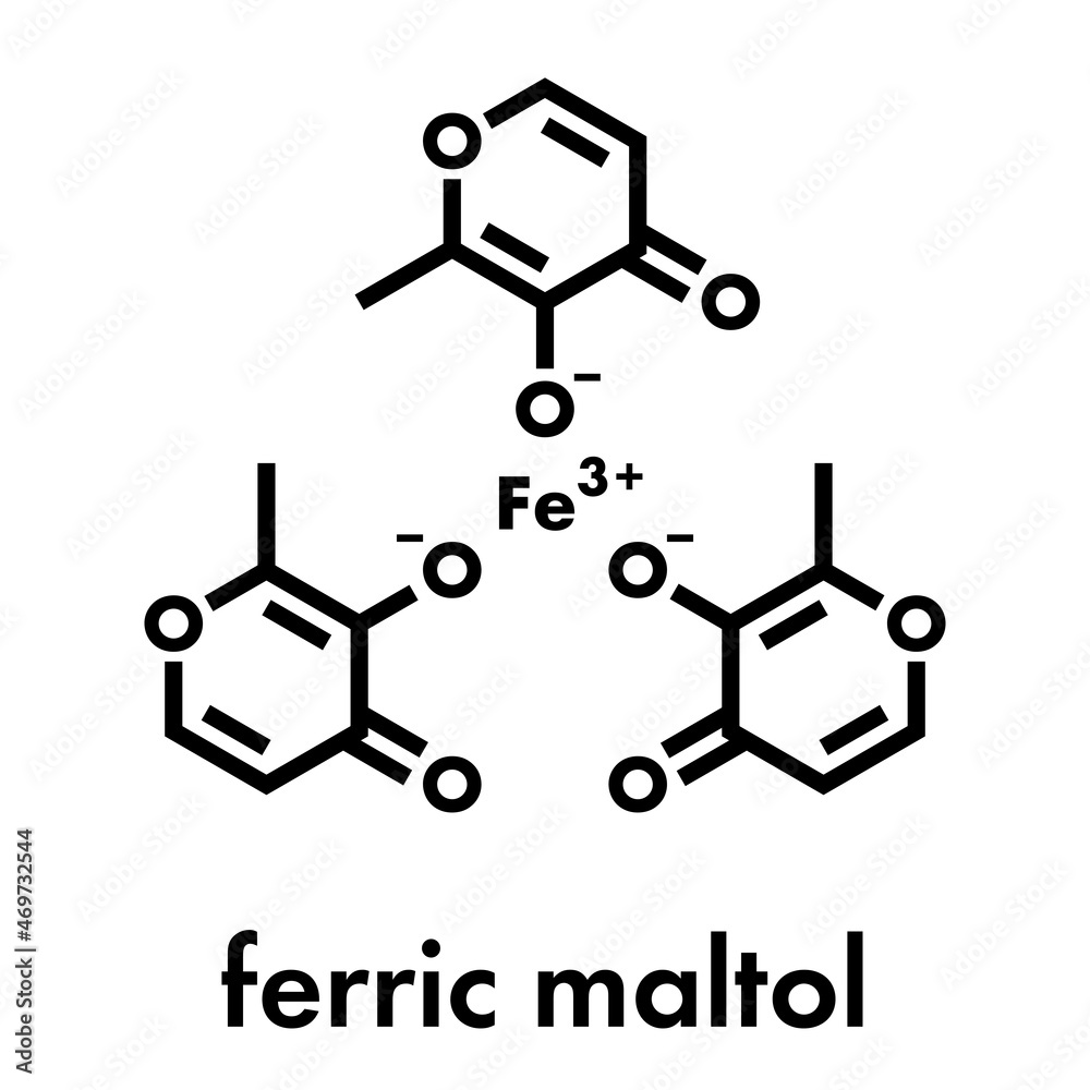 Ferric maltol iron deficiency drug molecule. Skeletal formula.