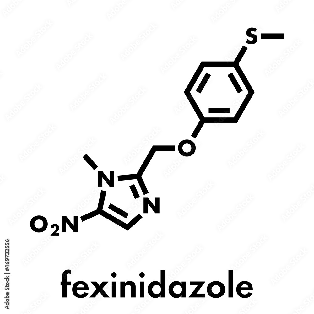 Fexinidazole antiprotozoal drug molecule. Skeletal formula. Fexinidazole antiprotozoal drug molecule. Skeletal formula.