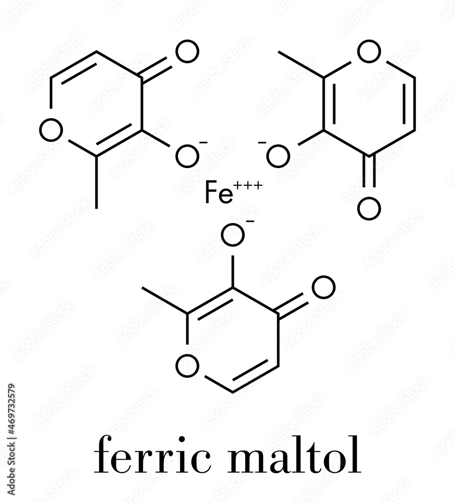 Ferric maltol iron deficiency drug molecule. Skeletal formula. Ferric maltol iron deficiency drug molecule. Skeletal formula.
