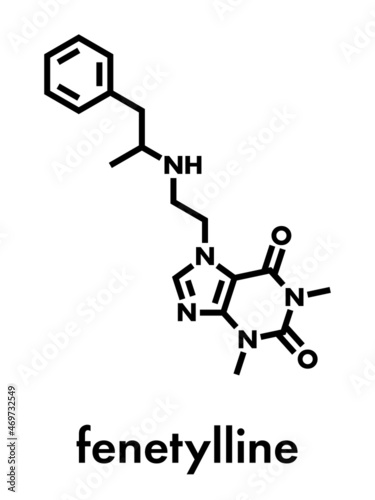 Fenetylline (fenethylline) stimulant drug molecule. Skeletal formula.