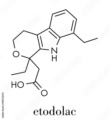 Etodolac NSAID drug molecule. Skeletal formula.