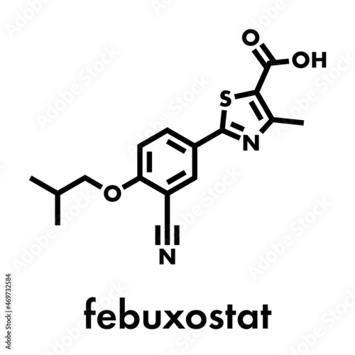 Febuxostat gout drug molecule (xanthine oxidase inhibitor). Skeletal formula. photo