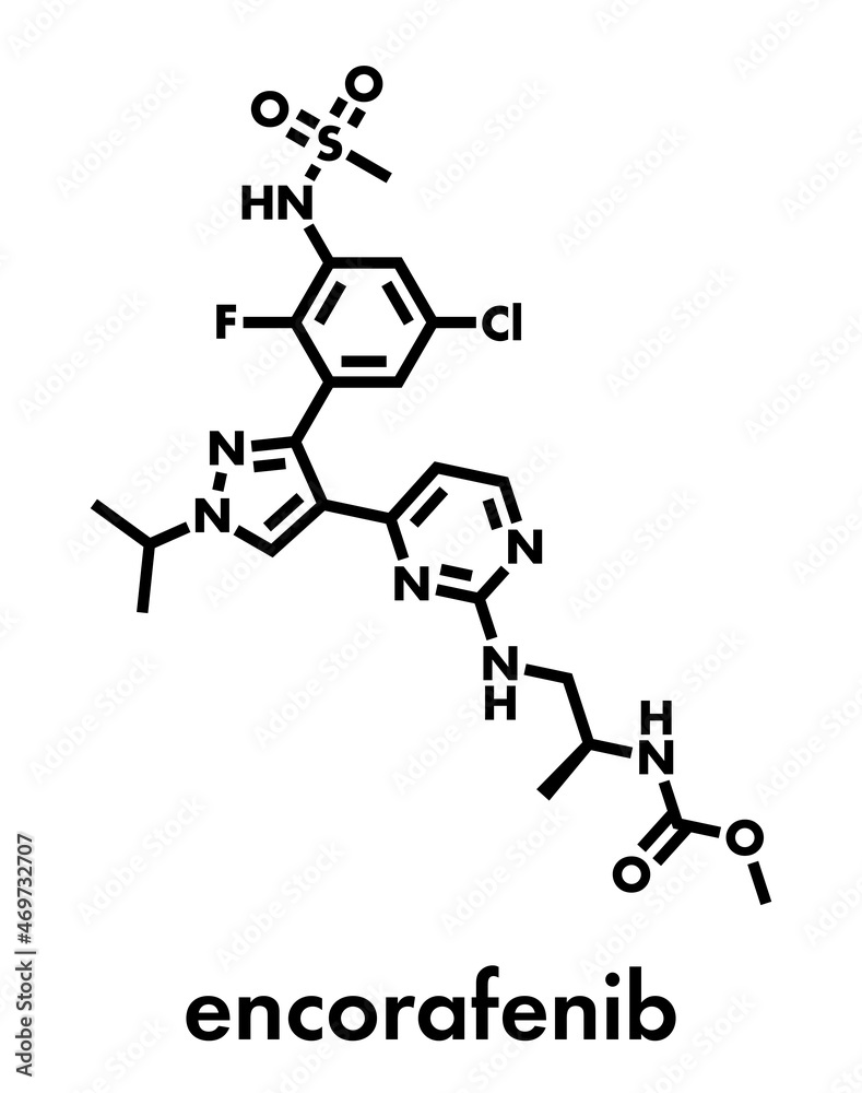 Encorafenib melanoma drug molecule. Skeletal formula. Encorafenib melanoma drug molecule. Skeletal formula.