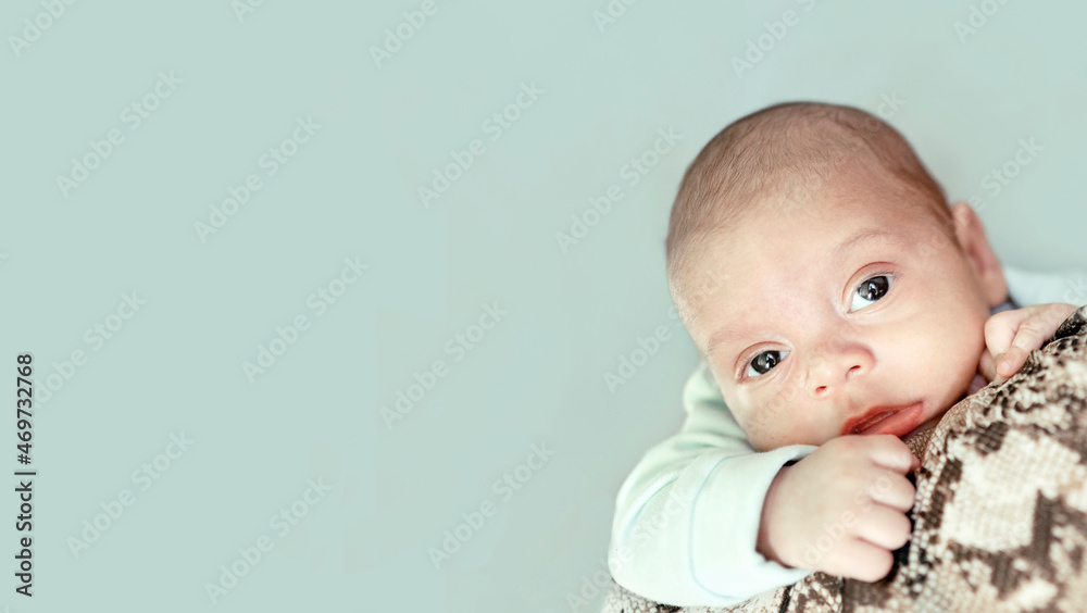 Portrait with copy space mom holds newborn baby. Massage concept. Horizontal banner. Childhood concept. Light background. Portrait with copy space mom holds newborn baby. Massage concept. Horizontal banner. Childhood concept. Light background.