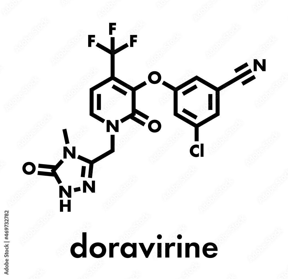 Doravirine HIV drug molecule (non-nucleoside reverse transcriptase inhibitor). Skeletal formula. Doravirine HIV drug molecule (non-nucleoside reverse transcriptase inhibitor). Skeletal formula.