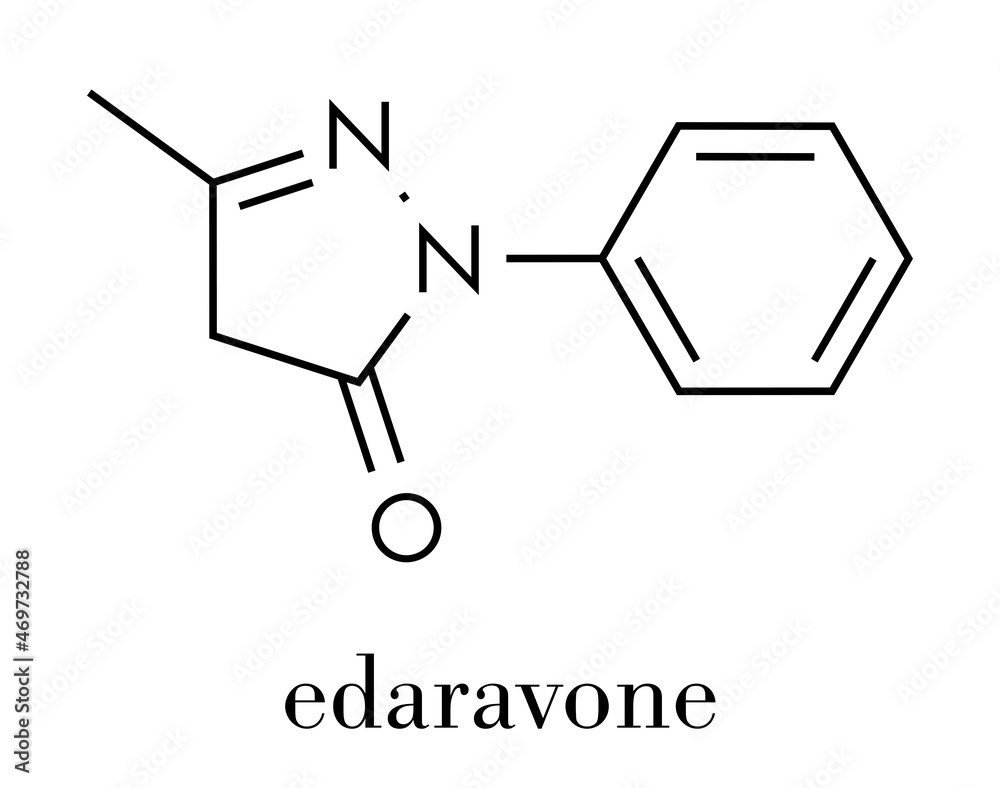 Edaravone drug molecule. Skeletal formula. Edaravone drug molecule. Skeletal formula.
