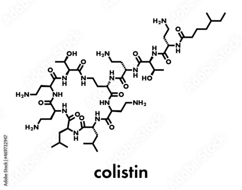 Colistin antibiotic drug molecule. Skeletal formula.