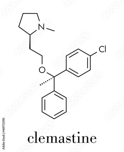 Clemastine (meclastine) antihistamine drug molecule. Used to treat allergy and itching. Skeletal formula.
