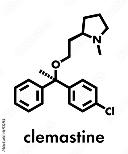 Clemastine (meclastine) antihistamine drug molecule. Used to treat allergy and itching. Skeletal formula.
