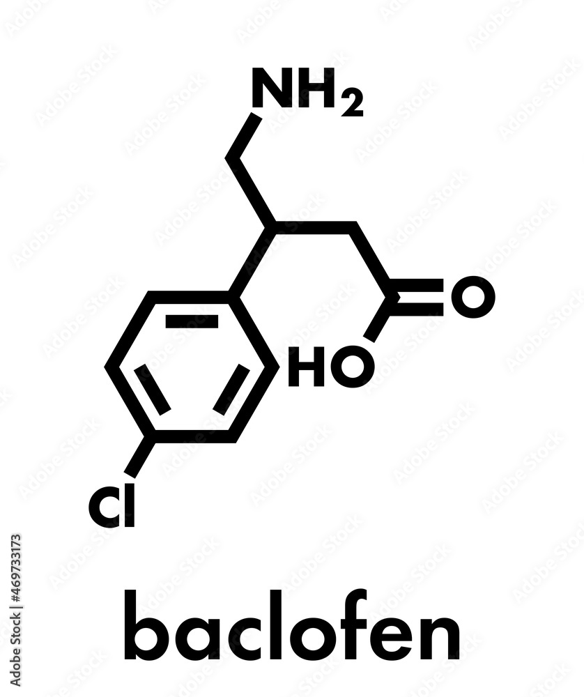 Baclofen drug molecule. Skeletal formula. Baclofen drug molecule. Skeletal formula.