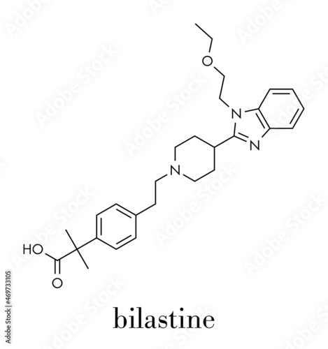 Bilastine antihistamine drug molecule. Skeletal formula.
