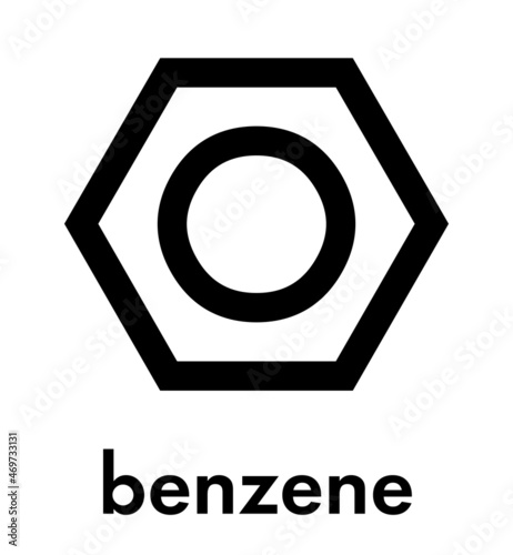 Benzene aromatic hydrocarbon molecule. Important in petrochemistry, component of gasoline. Skeletal formula.
