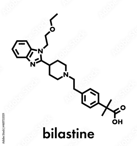 Bilastine antihistamine drug molecule. Skeletal formula.
