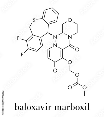Baloxavir marboxil influenza drug molecule (cap-dependent endonuclease inhibitor). Skeletal formula.