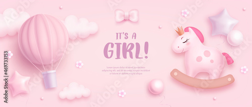 Baby shower horizontal banner with cartoon horse, hot air balloon, helium balloons and flowers on pink background. It's a girl. Vector illustration