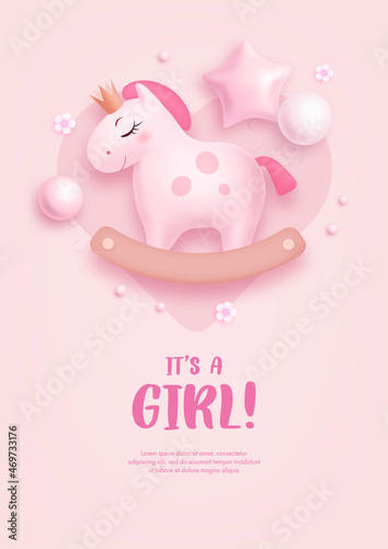 Baby shower invitation for baby girl with cartoon horse and helium balloons on pink background. It s a girl. Vector illustration