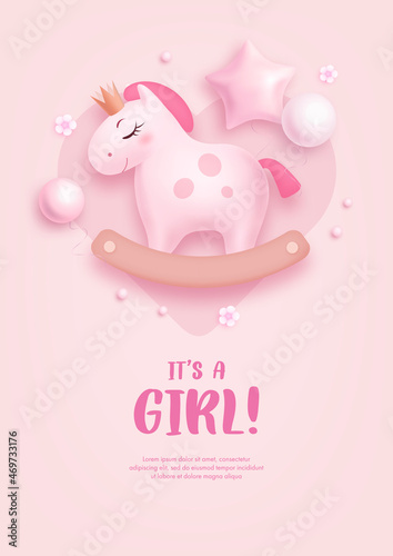 Baby shower invitation for baby girl with cartoon horse and helium balloons on pink background. It's a girl. Vector illustration
