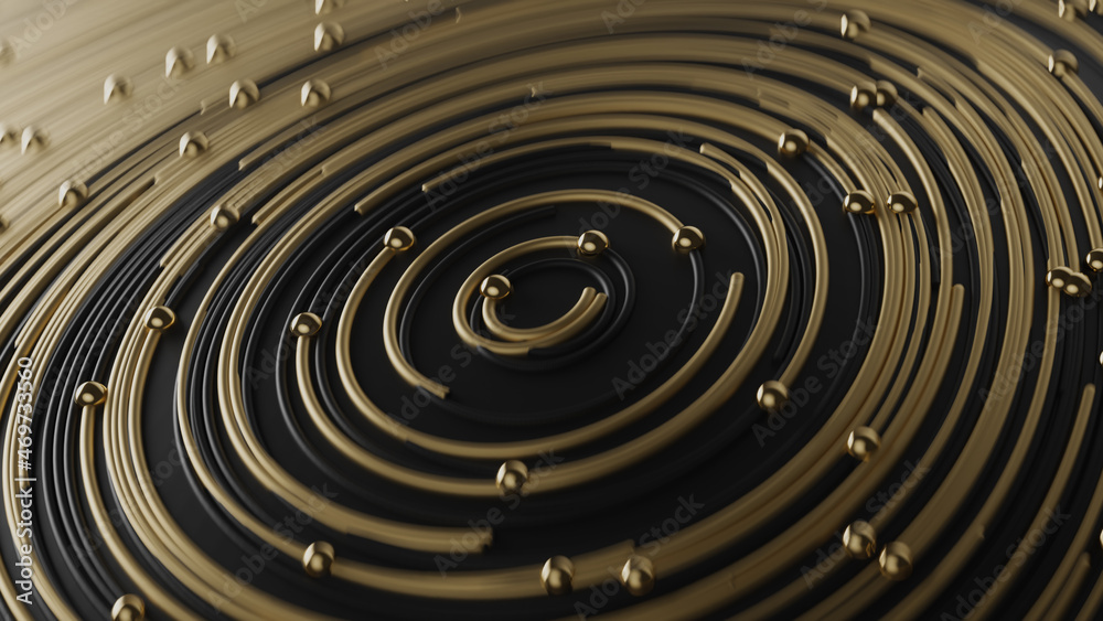 Curly golden and black abstract in circle lines together with particles on blurred bokeh background Curly golden and black abstract in circle lines together with particles on blurred bokeh background