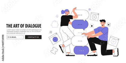 Man and woman have dialogue or conversation with speech bubbles. Art of carry dialogue in business, company or office among employees, team, managers. People or couple talk or have lively discussion.