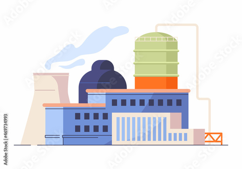Factory in city. Heavy industry, large buildings. Recycling center in town. Business, automation, machine plant. Energy, electricity. Cartoon flat vector illustration isolated on white background