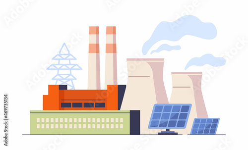 City factory sticker. Solar panels converting energy into electricity. Modern life, pollution of nature, waste, smoke. City, town, urban. Cartoon flat vector illustration isolated on white background